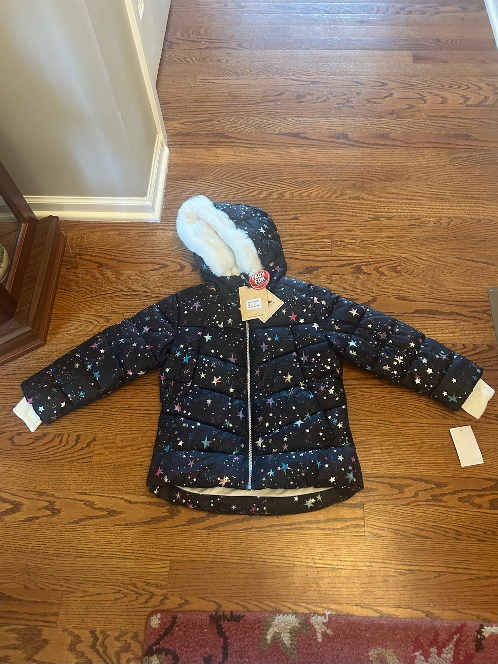 ZeroXposur Girls Black Star Print Puffer Jacket with Faux Fur Hood